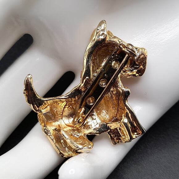 Vintage Scottie Terrier Dog Brooch, Red Clear Rhinestones, 80s Vintage Jewelry - Picture 3 of 9